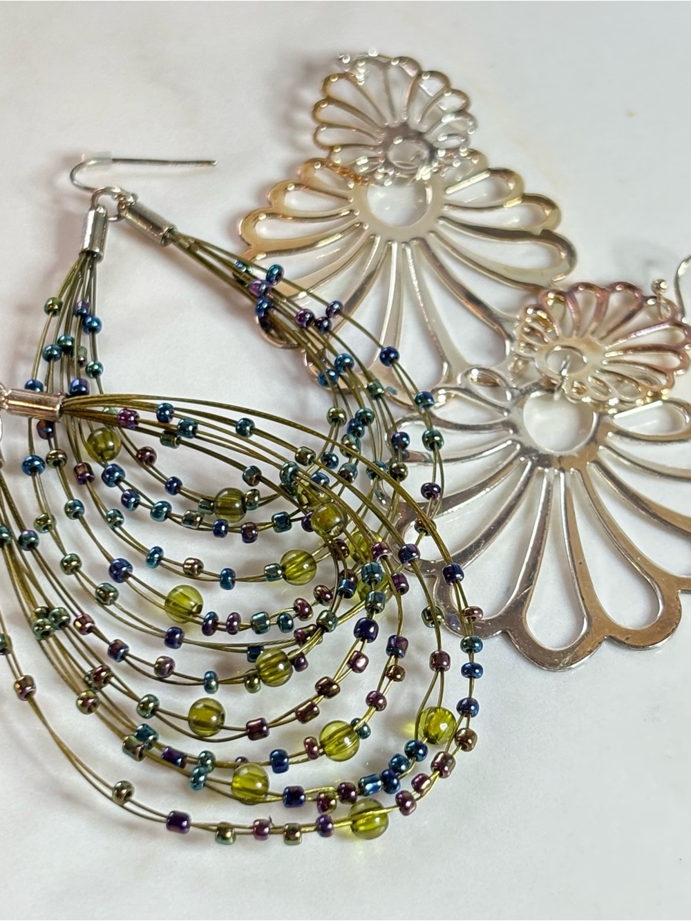 Vintage Avon Olivine Beaded & Openwork Fan Statement Dangle Earrings Set NIB